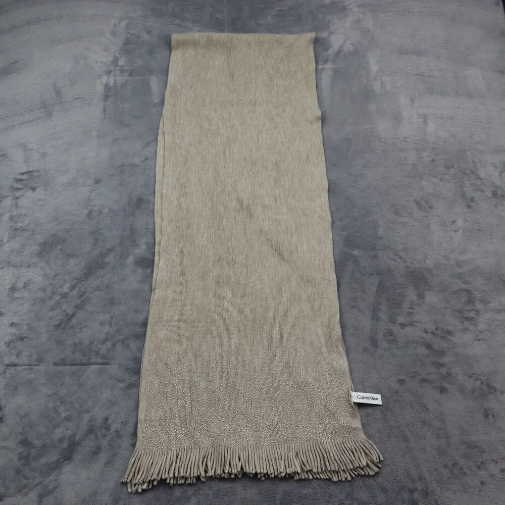 Calvin Klein Scarf Womens Brown Rectangle Beaded Fringe Knitted Outwear